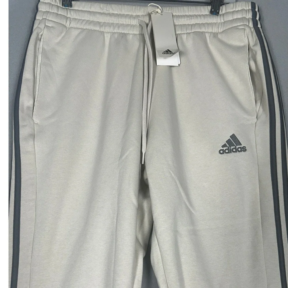 NEW Adidas Pants Mens Large Beige Grey 3-Stripes Joggers Tapered Stretch Waist